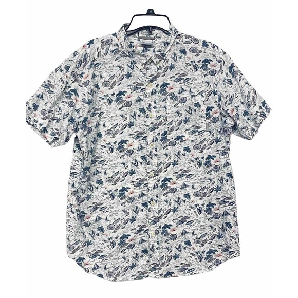 Columbia Shirt Men's L Short Sleeve Boats Beach Umbrellas Ocean Sun Trees Campy - Picture 1 of 6